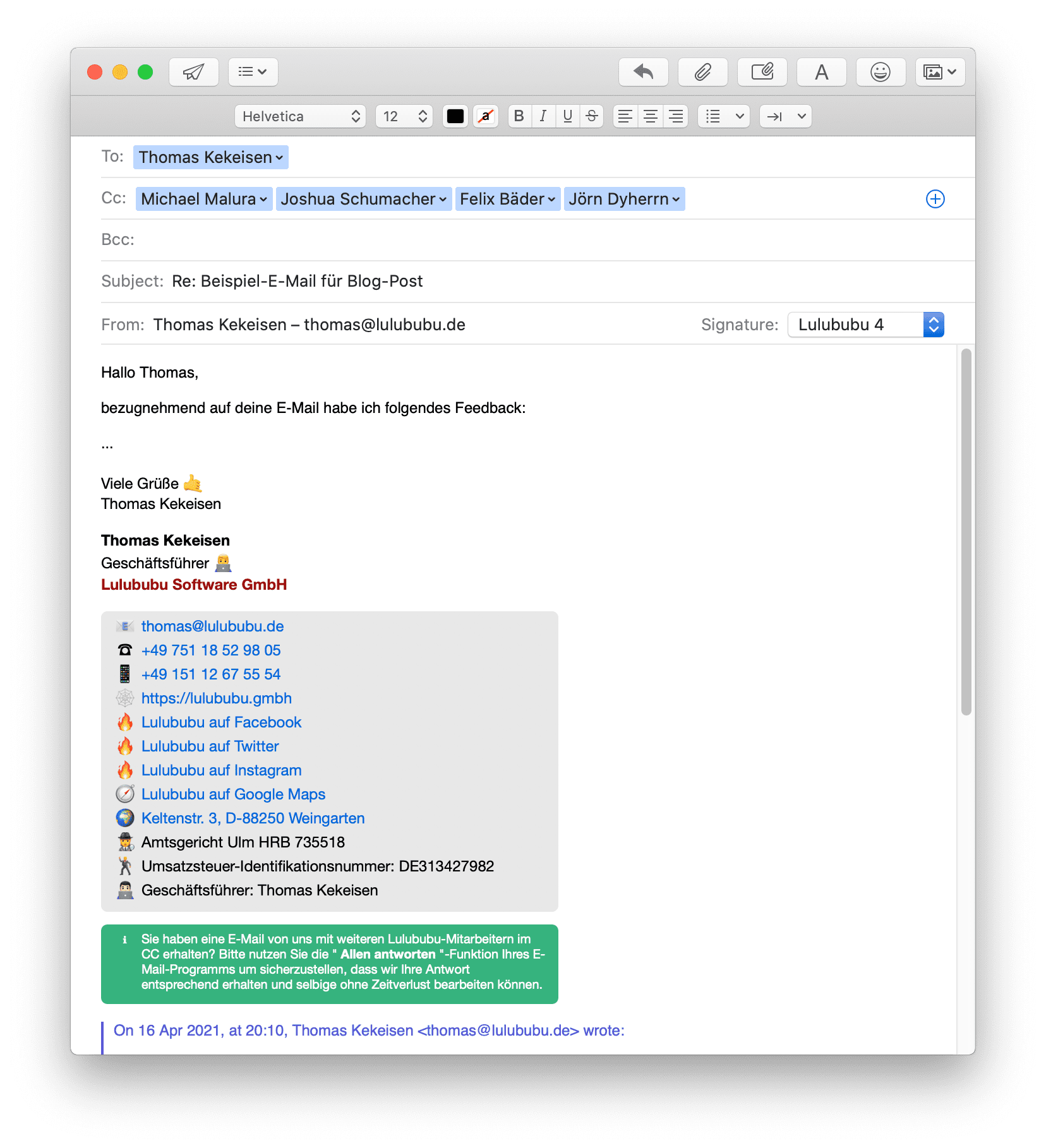 Screenshot: Beispiel für eine E-Mail mit mehreren CC-Empfängern