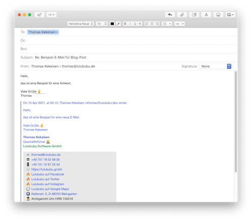 Screenshot: Neue E-Mail mit gekürzter Signatur