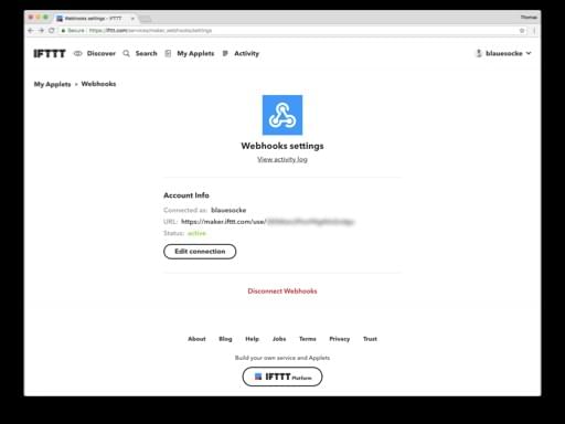 Screenshot: WebHook-URL auf IFTTT herausfinden