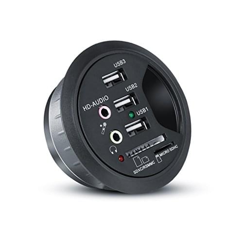 CSL - USB Tisch-Hub / In-Desk-Hub | Tisch-Kabeldurchführung mit Multi-Cardreader / Tischkabeldose / USB Hub / 2x Audioanschluss | 3x USB 2.0 / 1x microSD / 1x SDXC/RSMMC | Plug & Play | schwarz