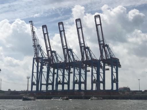 Foto: Fünf erst kürzlich neu gebaute Kräne am Hamburger Hafen