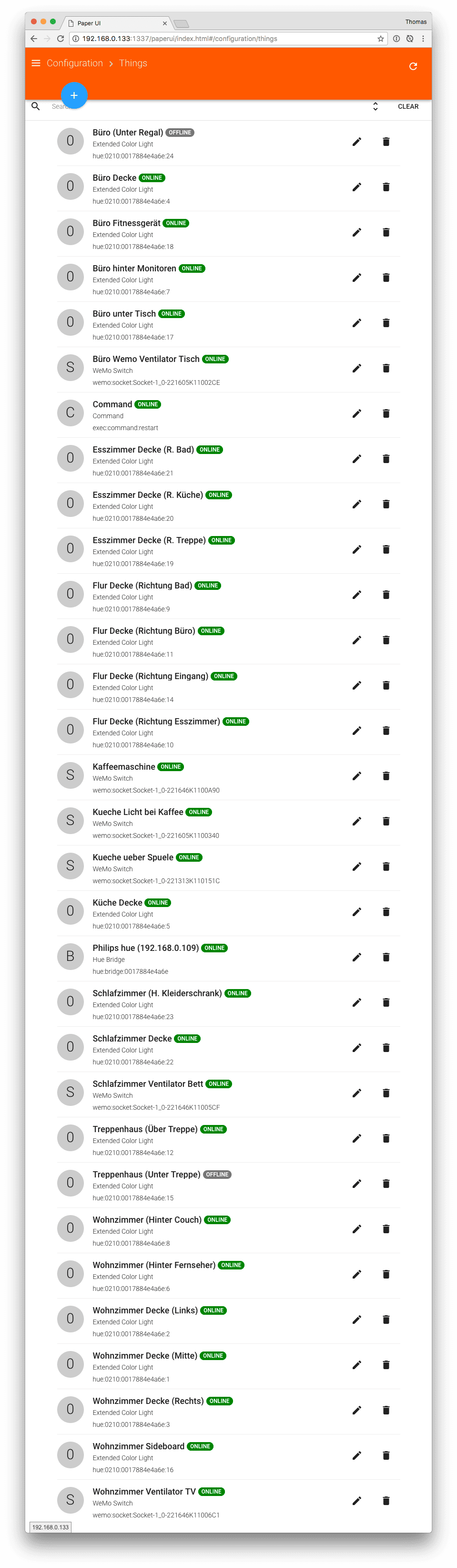 Screenshot: Liste meiner mit OpenHAB verbundenen Geräte